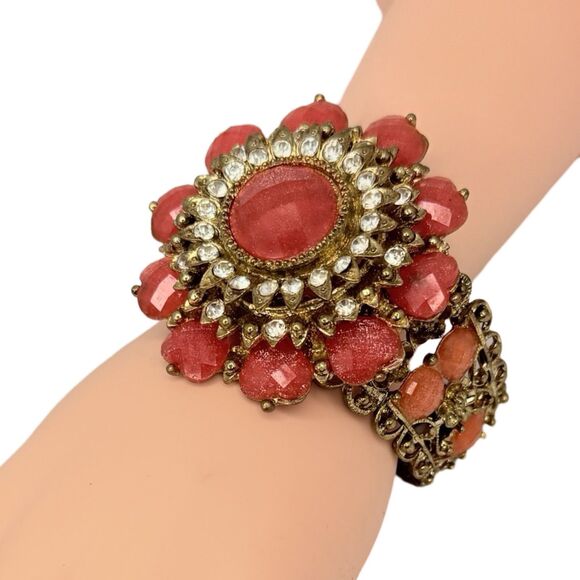 Pink And Orange Rhinestone Heart Flower Clamp Statement Bracelet 6.7" VTG - Picture 7 of 12